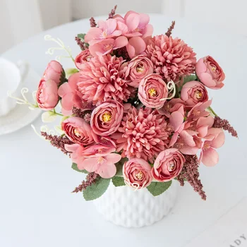 1 Kekė netikrų augalų Šilkinės rožės Nuotakos puokštė Hortenzijos imitacija Hortenzija Macrophylla Camellia Bud Šeimos vestuvių dekoravimas