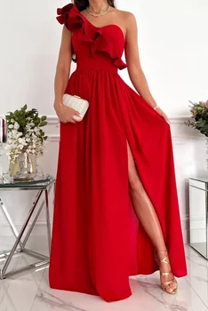 2023 Pavasario vasaros moterys nuo pečių ilga suknelė raudona be rankovių raukinių apvadas Elegantiška suknelė 