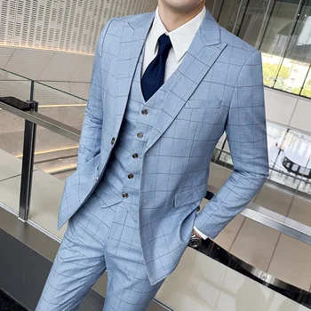 2023Vyrų kokybė (kostiumas + liemenė + kelnės) Vestuvinis kostiumas Mada Trijų dalių korėjietiška versija Plonai tinkantis verslo laisvalaikio kostiumas Vestuvės
