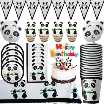 62vnt./lotas Vaikams patinka Panda Tema Gimtadienio vakarėlio dekoracijos Stalo reikmenys Puodelis Lėkštė Servetėlė Staltiesė Tortų antpilas Kortų balionas