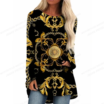 Auksiniai prabangūs 3D spausdinti marškinėliai ilgomis rankovėmis Moteriški madingi marškinėliai Ilgi gėlėti marškinėliai Tunikos Moteriški drabužiai Laisvos laisvalaikio viršūnės