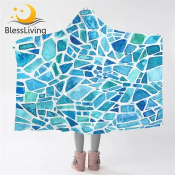 BlessLiving Blue Stone Hooded Blanket Akvarelės mikropluošto šerpų antklodė Geometrinė minkšta nešiojama antklodė Mozaika Mantas