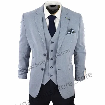 Classic Grey Navy Regular Check Vyriški kostiumai Slim Fit Notched Lapel Groom Tuxedos 3 Pieces Sets Elegant Male Blazer Kostiumas Homme