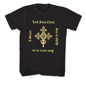 Etiopijos kryžiaus Viešpaties Jėzaus Kristaus maldos krikščioniški marškinėliai 100% medvilniniai O-Neck Summer trumpomis rankovėmis Casual vyriški marškinėliai Dydis: S-3XL