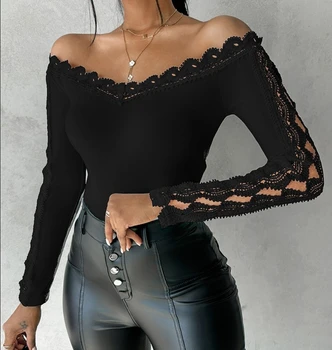 Fashion Woman Palaidinė 2024 Spring New Off Shoulder Nėriniai ilgomis rankovėmis Kieti sulieti marškinėliai Casual Universalus viršutinis megztinis moterims