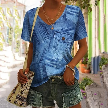 Gaivūs vasariški moteriški drabužiai Retro stiliaus džinsinio gėlių rašto marškinėliai 3d marginti V formos kaklo sportiniai laisvalaikio trumpomis rankovėmis viršus