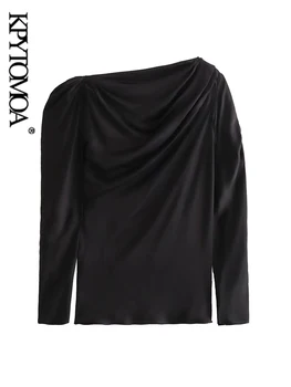KPYTOMOA-Moteriškos laisvos plisuotos palaidinės, ilgomis rankovėmis, tekančiu kaklu, moteriški marškiniai, prašmatnios viršūnės, mada