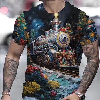 Kalėdiniai traukinio marškinėliai vyrams 3d Print Summer Casual Tee Loose Oversized Tshirts Street Designer Vyriški drabužiai trumpomis rankovėmis