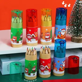 Kawaii 12 spalvotų kalėdinių piešimo pieštukų Mielas spalvingas dažymo rašiklis su įmontuotu galąstuvu mediniai pieštukai