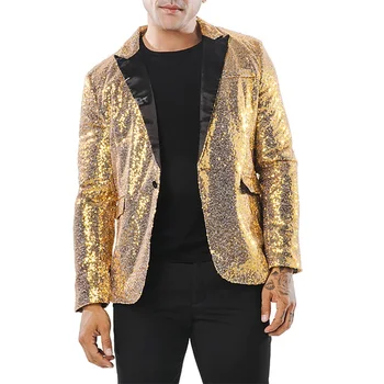 Men Sequin Blazer Suit Lapel Shiny Jacket Blazer One Button Tuxedo for Party Wedding Bankquet Christmas Nightclub