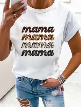 Moterys Madingi drabužiai Spausdinti Marškinėliai Drabužiai Mama Mama Leopard Mama Summer Basic Top Trumpomis rankovėmis Tee Grafiniai marškinėliai