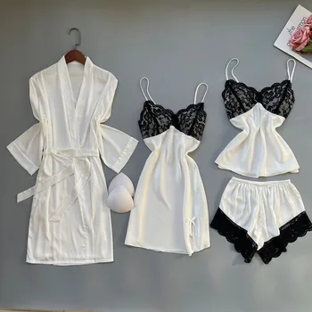 Moterys Seksualios nėrinių Rayon Pižamos 4PCS apatinio trikotažo pižamos komplektas Kimono balti satino naktiniai marškiniai Namų drabužiai