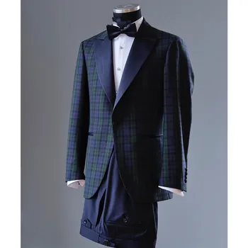 Navy Blue vyriški kostiumai Siuviniai 2 dalių švarko kelnės One Button Peaked Lapel Plaid Cubes Fashion Business Wedding Tailored