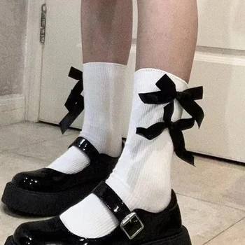 New Chic Streetwear Women's Lovely Black White Bow kojinės.Casual Female Contrast Color Short Socks.Cute Ladies Bow Knot Sox