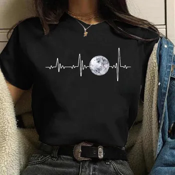 New Moon Women's Black Top marškinėliai Moteriški laisvalaikio apvalaus kaklo marškinėliai Mėnulio užtemimas Spausdinti moteriški marškinėliai