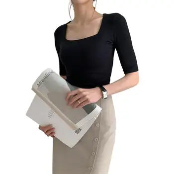 Office lady Mada Paprasta kvadratinė apykaklė pusiau rankovėmis Marškinėliai Prancūzų elegantiškas Universalus Juoda Balta prašmatni medvilnė Viršus ropa coreana