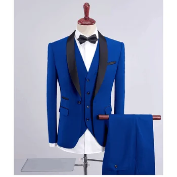 Royal Blue Vyriški kostiumai Fashion Black Shawl Lapel Vyriškas kostiumas Vestuvių jaunikis Slim Fit smokingas Pilnas vyriškas kostiumas (švarkas+kelnės+liemenė) 2023