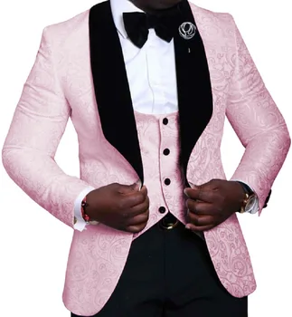 Rožinio rašto vyriškas kostiumas su juodu atvartu kostiumas Homme spalvingas vyriškas vestuvinis kostiumas 3 vnt Jaunikis Terno Masculino Slim Fit Blazer