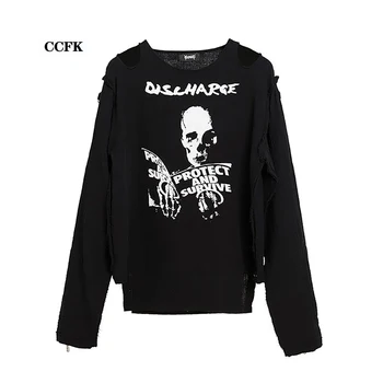 Skull Print Emo Y2k Pullover marškinėliai Moteriški punk drabužiai nuo peties ilgomis rankovėmis Gotikinis laisvas viršus Kawaii Grunge Tee Preppy