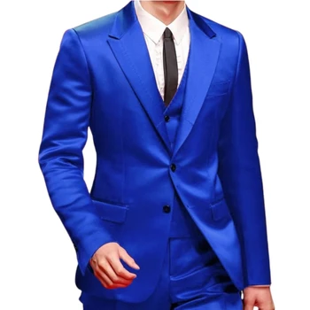 Slim Fit karališka mėlyna Vyriški kostiumai Prom Singer Stage 3 Piece Satin Wedding Groom Tuxedo Male Fashion Jacket Liemenė su kelnėmis