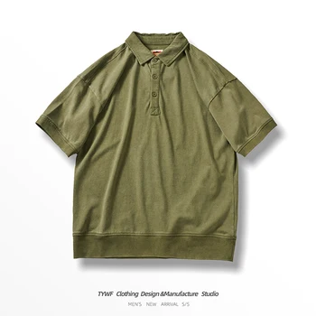 Summer New American Simple Lapel trumpomis rankovėmis Vienspalviai polo marškinėliai Vyrų mada 100% medvilnės skalbti verslo laisvalaikio viršugalviai