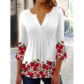 Summer New Shirt Moteriški marškinėliai su V formos kaklu 3D gėlių elementų rašto drabužiai Daily Street Style Moteriškas V-kaklas Original 2023