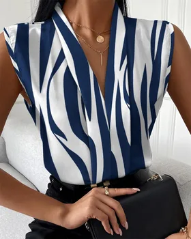 Summer Women's Top Blouse Fashion Print Tops V-neck Casual Shirt With Sleeveless Casual Shirt Elegant Party Shirts 2023 New Рубашка Оверсайз
