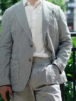 Summer seeersucker black stripe cotton seeersucker slim suit Italian retro casual coat top