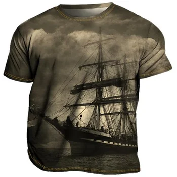 Vasariniai vyriški marškinėliai 3d burlaivis atspausdintas Vintage Compass Print Tops Gatvės marškinėliai Graphic 2023 T marškinėliai oversized