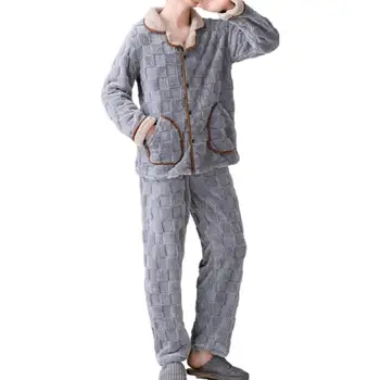 Vyriškas pliušinių pižamų komplektas Vyriški žieminiai laisvalaikio drabužiai Pliušinis šiltas paltas Koralų vilnos kelnių komplektas jaukiems namų drabužiams Vyriškų laisvalaikio drabužių komplektas