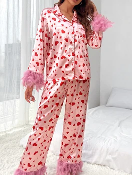 Women s Satin Pajama Sets Feather Trim Long Sleeve Button Down Shirt and Pants 2 Piece Sleepwear Loungewear