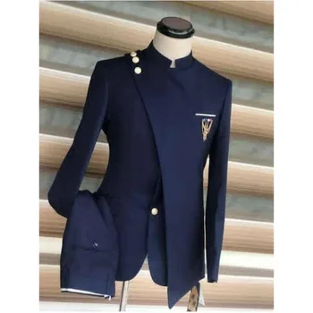 specialaus dizaino Navy Blue stovo apykaklė Vyriški kostiumai verslo vestuvių jaunikiui Slim Fit Tuxedo 2Pcs Blazer striukė+Kelnės