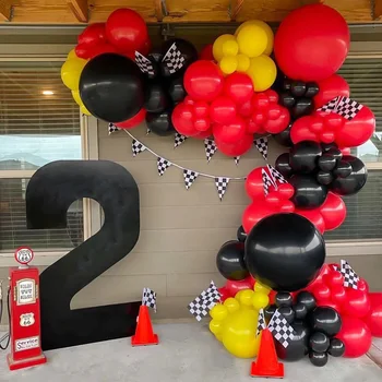 1set Lenktyninio automobilio balionų rinkinį sudaro latekso balionas lenktyninis automobilis Languotas balionas Juodas geltonas balionas Berniukas Gimtadienio vakarėlis Dekoras