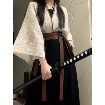 2023 Vasara Patobulinta medvilninė lininė Hanfu suknelė 3vnt Kinų tradiciniai moteriški drabužiai Japonų Nėriniai Kimono Cosplay herojė