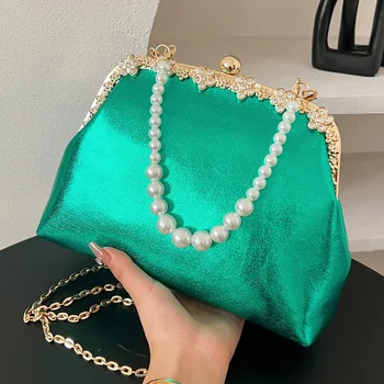 2024 Prabangios moteriškos auksinės žalios perlų grandinėlės pasiuntinių krepšiai PU odinės rankinės per petį 