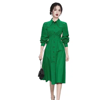 #2475 Autumn Vertrical dryžuoti marškiniai Suknelė Moterys aukštu liemeniu A-line biuro suknelė Ponios Priekinės sagos marškiniai Suknelė Korėjos mada