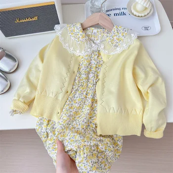 2PCS Baby Girl drabužių komplektas Pavasario rudens vaikų nėrinių gėlių suknelė+megzta striukė Viršutinių drabužių kostiumas Mažylio apranga