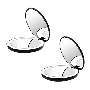 2X nešiojamas sulankstomas veidrodis su LED lempute, 10x didinamasis stiklas, 12 lempų karoliukų mini veidrodis juodas