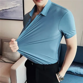 6 spalvos Vasarinis ledo šilkas be pėdsakų Didelio elastingumo marškiniai Vyrai Aukštos kokybės marškiniai trumpomis rankovėmis Slim Fit Laisvalaikio verslo suknelė 4XL-M