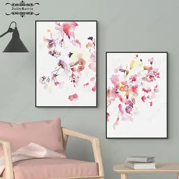 Akvarelė Minimalistinės rožinės gėlės Plakatas ir spauda Augalas Žiedų drobė Tapyba Sienų menas Svetainė Namų dekoravimo paveikslėliai