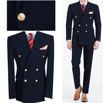 Aukštos kokybės kostiumai vyrams Navy Blue Fashion Peak Lapel Double Breasted Male Suit Slim Fit Formal Casual Wedding Tuxedo 2 Piece