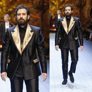 Aukščiausios kokybės kostiumai dviejų dalių vyrų dizainerio kostiumas pagal užsakymą pagamintas auksinis atlapas jaunikis smokingai vestuvėms Geriausi vyriški kostiumai(švarkas+kelnės)