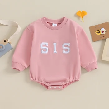 Baby Girl Bubble Romper ilgomis rankovėmis įgulos kaklo laiškų siuvinėjimo smėlinukas Kūdikių drabužiai