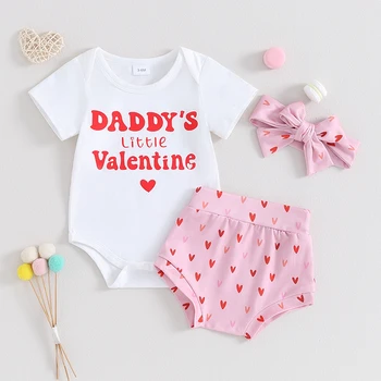 Baby Girl Valentino dienos apranga Laiškas trumpomis rankovėmis Romper Heart Print šortai ir lanko galvos juosta Vasarinių drabužių komplektas