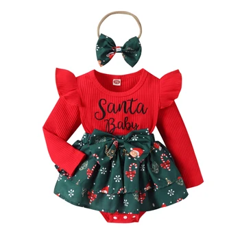Baby Girls Kalėdiniai drabužiai ilgomis rankovėmis Santa Print Romper suknelė Rudens žieminis smėlinukas Peteliškės galvos juostos komplektas Naujagimių apranga
