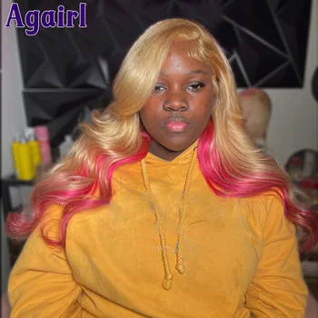 Blondinė Rožinė Paryškinti 200% 613 Blondinės spalvos kūno perukas Banginis Peru Peru Remy 13x6 13X4 Nėriniai Priekiniai žmogaus plaukų perukai Iš anksto nupešti