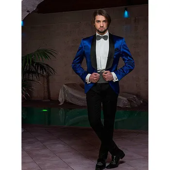 Blue Satin 2022 Naujas vyriškas kostiumas Švarko kelnės Pagal užsakymą Skara Atvartas Vestuvinis Prom Vyriški kostiumai Mados jaunikis Smokingai (Švarkas+Kelnės)Komplektas