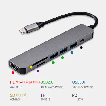 C tipo USB šakotuvas septyni viename C tipo 4k 30 Hz USB skirstytuvas palaiko visus C tipo kanalų kompiuterius į USB, suderinamus su HDMI compat