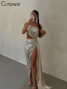 Cutenew Women's 2023 Spring New Slim Dresses Sliver Backless Elegant Skinny Shiny Party Clubwear Casual Hollow Out Lady Vestidos