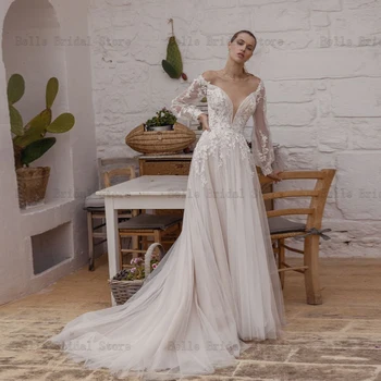 Elegantiškos vestuvinės suknelės nuo pečių V kaklo ilgomis rankovėmis Nuotakos Aplikacijos šlavimo traukinys A-line Tulle Vestidos De Novia 2023